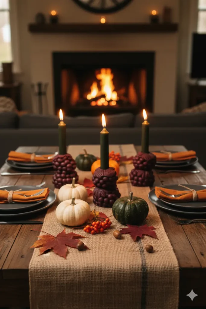¿Cómo decorar una mesa de Otoño? La Guía Secreta para Cenas de Otoño Inolvidables con velas de cera de abeja hechas amno en Lucy´s luz, en españa.