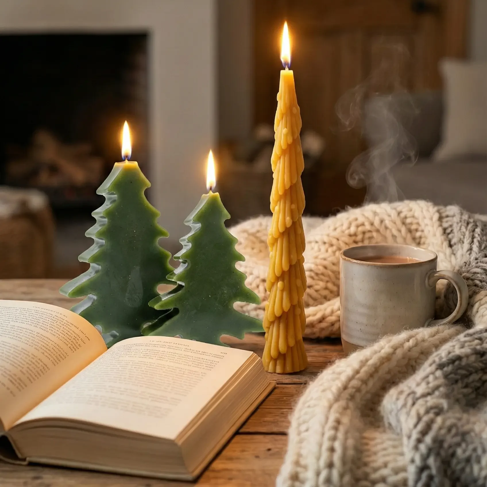  vela de cera de abeja encendida en invierno con textura natural.
