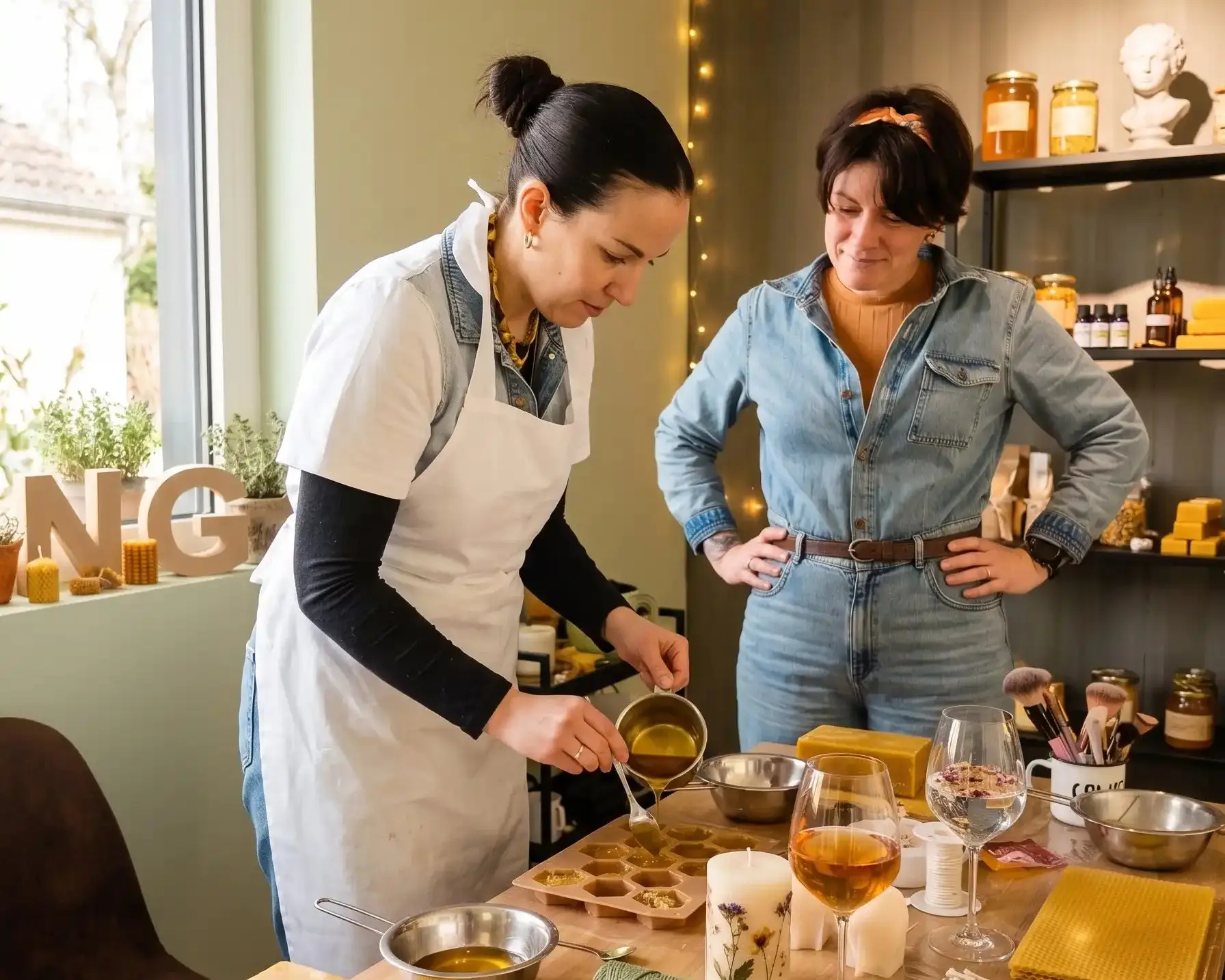 Grupo de amigas en taller de velas artesanales de cera de abeja en Asturias, despedida de soltera